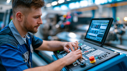 Fototapeta premium CNC lathe operator setting tool offsets on a touchscreen controller before running a complex titanium medical component program, machining center in background cycling through a previous part, repre