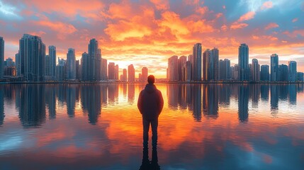 Fototapeta premium Lone figure observes a city skyline reflected in serene waters at sunset, vibrant sky above