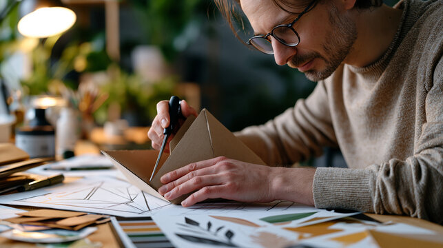 Corrugated cardboard packaging designer scoring and folding a prototype mailer structure at a sustainable packaging development studio workbench, structural dieline drawings spread beneath the proto