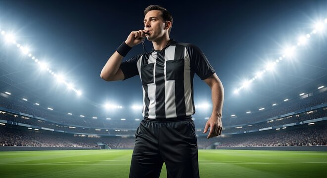 Professional soccer referee blowing whistle on field isolated on with official transparent background professional