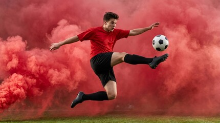 Naklejka premium Football Player wearing Red Jersey doing acrobatic Kicking the ball in Dramatic Smoke 