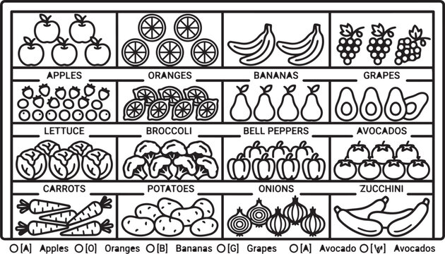 Vegetables and fruits are arranged in a organized grid pattern with clear labels for a grocery shopping list.