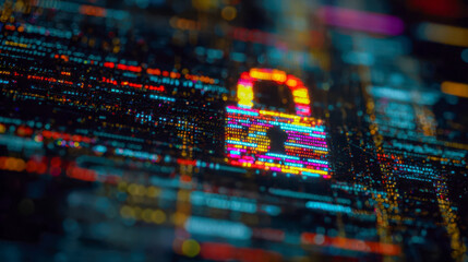 Obraz premium Vibrant digital security concept with colorful pixelated lock icon symbolizing encryption and data protection in futuristic computer code background