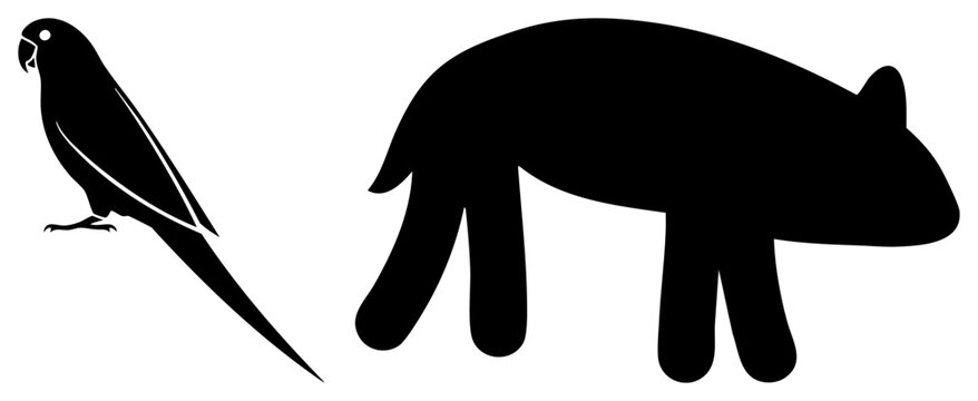 Minimalist vector featuring a perched parakeet and a heavy forest bear. This duo shows a tropical bird and a woodland in solid black shapes against a transparent background.