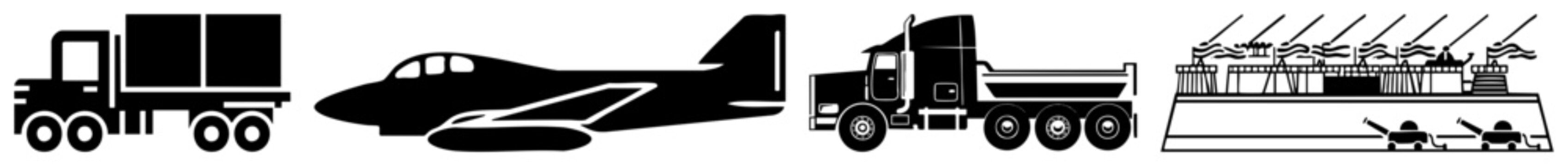 This collection features a truck rig, a fighter jet, a heavy dump truck, and a fortified military outpost. These silhouettes include a big rig and a combat jet for various design projects.