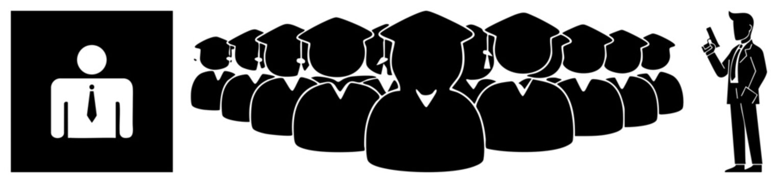 of academic caps and gowns featuring a class of grads, alongside a lone suit clad figure acting as a boss or enforcer. This scene depicts a crowd of scholars facing a gunman.