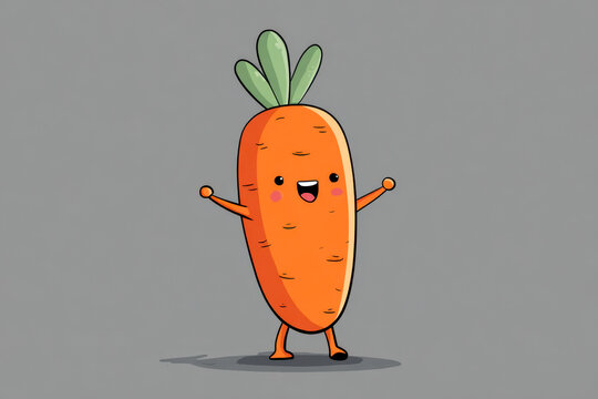 Cartoon character of a happy playful carrot with arms raised and green leaves standing on a gray background symbolizing healthy eating and fun vegetable animation