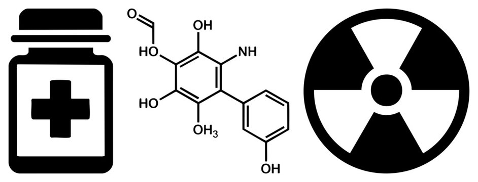Black silhouette collection featuring a medicinal pill bottle, an organic molecule, and a radioactive hazard sign. This apothecary jar and molecular formula set provides essential scientific and safet