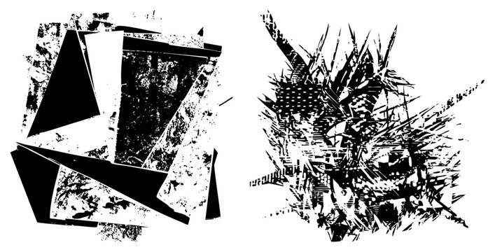 Collection of gritty, distressed textures featuring sharp geometric and an explosive spiky cluster. This raw punk aesthetic uses heavy halftone and rough debris for an edgy look.