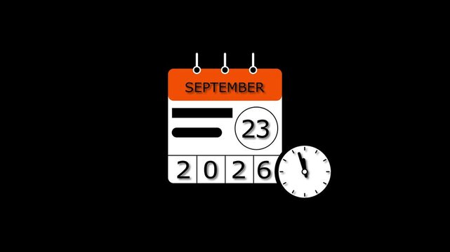 4K calendar 23 September 2026 animation. clock and black background clean and stunning 4k animation.