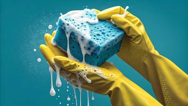 Close up of hands in yellow rubber gloves squeezing a soapy blue sponge against a blue background