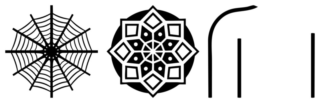 This collection features a stark spider web, also known as a cobweb, alongside a complex mandala or dharma wheel. The set includes bold strokes and geometric for versatile design.