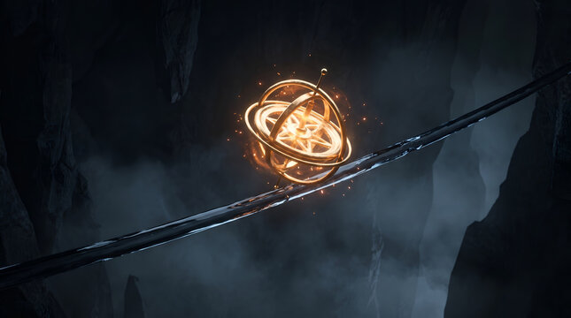 A glowing golden geometric gyroscope balances perfectly on a fragile dark glass tightrope, representing risk management and corporate stability.