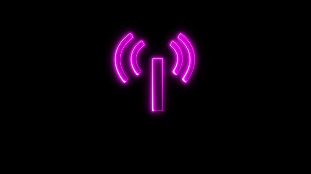 Neon internet sharing tower sign icon animation black background.