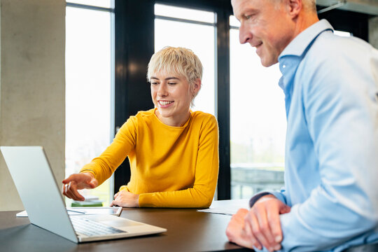 Colleagues discussing work on laptop in office