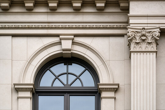 Renaissance-inspired symmetrical stone facade detail with arched window and pilaster
