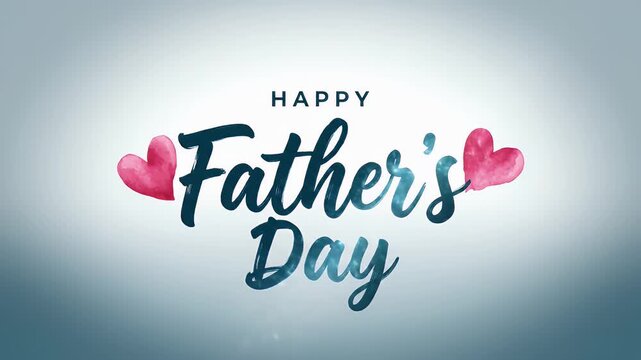 Happy father's day text animation with red watercolor hearts on soft blue background