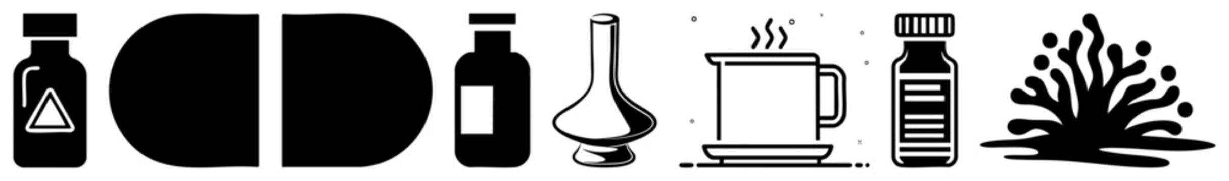 Collection of apothecary jars, pill capsules, and lab vials. This medicinal kit features a mug, chemical flasks, and a botanical extract in a clean silhouette style.