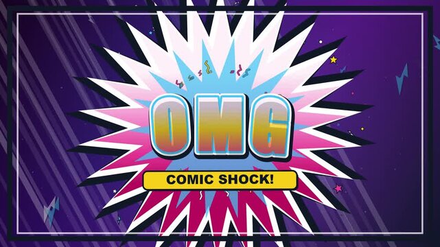 The comic shock sign reads OMG in a burst of colorful lights on a purple background.