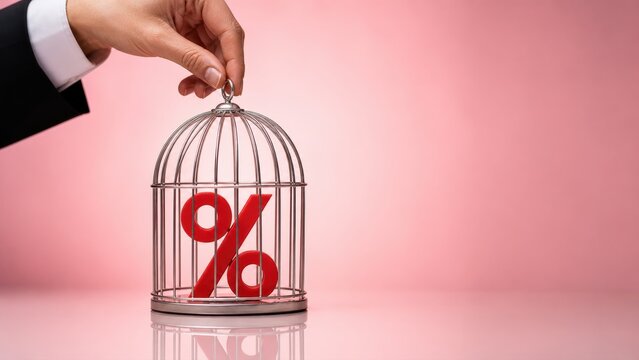 Red interest rate symbol trapped inside silver birdcage held by businessman represents frozen credit growth and restrictive monetary policy control