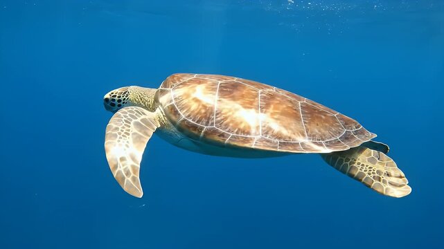 Green sea turtle swimming gracefully in the deep blue ocean water under bright suns.