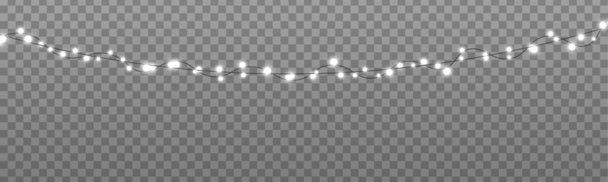 Silver LED lamps PNG. White luminous bulb lights and realistic glowing Christmas garland decoration. Xmas lights for advertising, invitations and greeting card design.