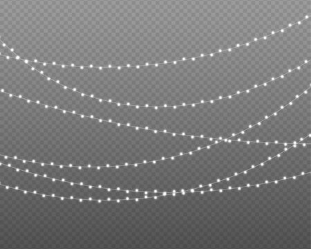 Christmas luminous decoration PNG. Silver string garland with glowing LED lamps and white bulb lights. Realistic Xmas vector design for web banners and poster.