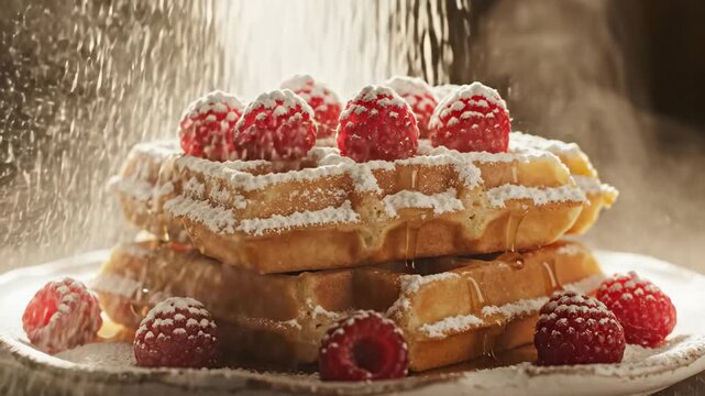 Sprinkling Powdered Sugar Over Waffles with Raspberries and Syrup in Bright Light