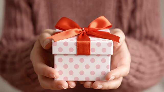 Polka dot gift box held by hands of a person wearing a sweater for a holiday celebration