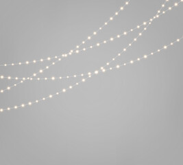 Fototapeta premium Xmas luminous garland PNG. Christmas string lights with golden glowing LED lamps and yellow bulb lights. Realistic decoration isolated on transparent background.