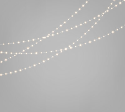 Xmas luminous garland PNG. Christmas string lights with golden glowing LED lamps and yellow bulb lights. Realistic decoration isolated on transparent background.