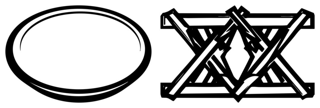 This minimalist graphic features a stark ring or alongside an intricate interlocking lattice. The stylized eye or portal shape sits next to a complex geometric knotwork design.