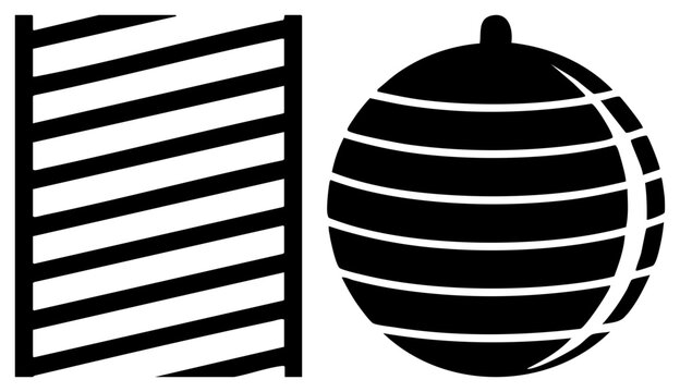 This minimalist graphic features slanted parallel bars, a striped orb, a celestial globe, and a textured roundel. Stark black shapes create a balanced visual rhythm.
