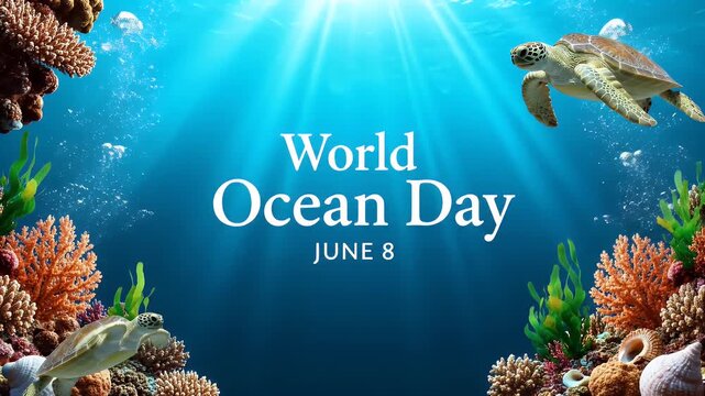 World Ocean Day celebration featuring sea turtles and coral reefs in deep blue water