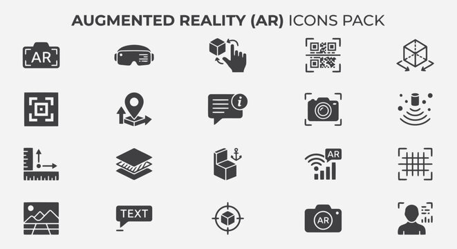 Set of augmented reality ar icons, including 3d object manipulation, scanning, tracking, and virtual interface elements for mobile apps editable vector file
