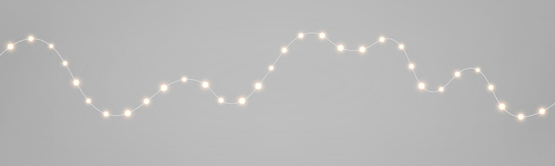 Fototapeta premium Xmas luminous garland PNG. Christmas string lights with golden glowing LED lamps and yellow bulb lights. Realistic decoration isolated on transparent background.
