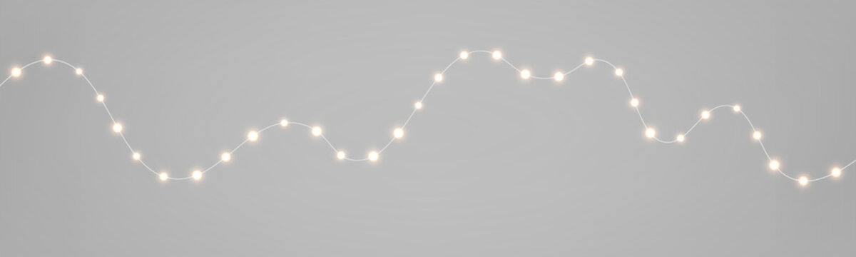 Xmas luminous garland PNG. Christmas string lights with golden glowing LED lamps and yellow bulb lights. Realistic decoration isolated on transparent background.