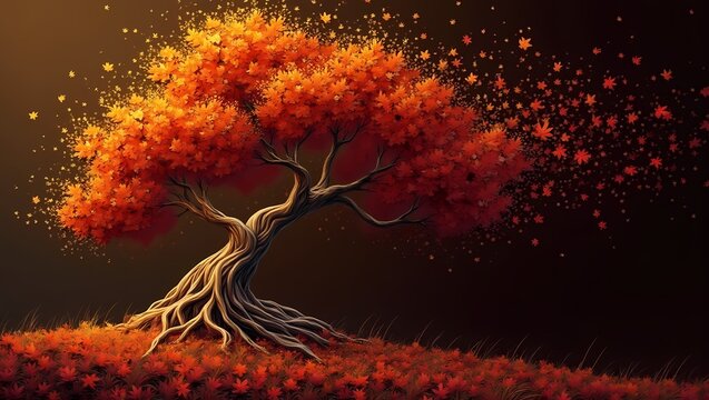 Fantastic abstract tree with orange and red autumn leaves on dark background