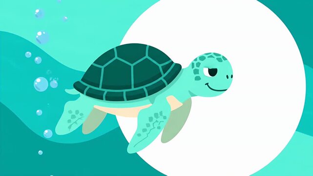Cute sea turtle swimming underwater with bubbles and white circular copy space area!