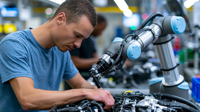 Automotive assembly technician and articulated cobot arm working side by side on engine compartment components inside a bustling manufacturing facility, both positioned over identical workflow stati