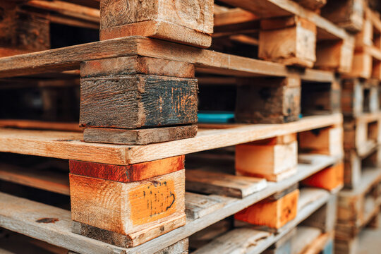 Stacked wooden pallets arranged outdoors with visible grain texture and weathered wood blocks supporting each layer in warm natural lighting
