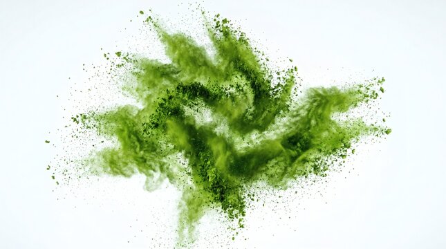 Green powder exploding in a dynamic swirl against a pristine white background, creating an abstract and energetic visual.