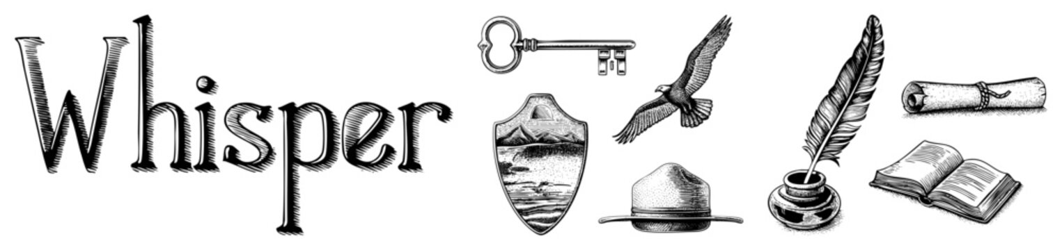 This hand drawn ink set features a classic quill and inkpot, a flying hawk, and an old skeleton key. A mystical scroll and open tome complement these rustic scribbles and old world symbols.