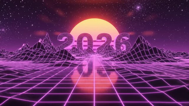 Retro Synthwave Grid Landscape Featuring a Wireframe Sun Setting Behind 2026 Mountain Range