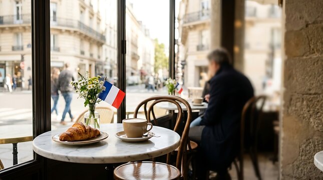 French breakfast with croissant and coffee at a sidewalk cafe