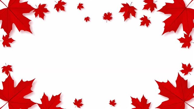 Red maple leaves border frame animation with falling foliage for autumn decoration..