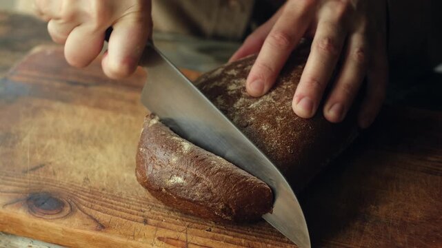 Woman cutting a piece of freshly baked rye bread with a knife. Country bread, homemade pastry.