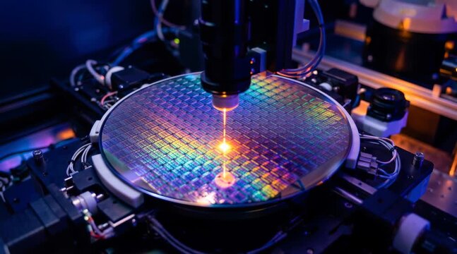 Laser machine works on a silicon wafer at a semiconductor factory. Bright lights show the detailed pattern on the wafer. The process happens in a busy environment