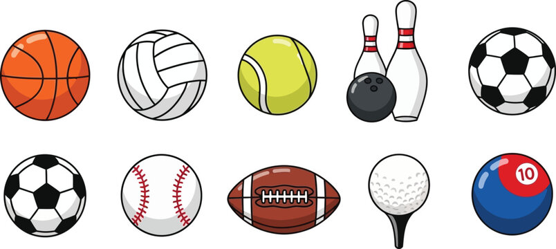 Set of assorted sports balls including basketball volleyball tennis soccer football baseball bowling and golf ball illustration for athletic equipment