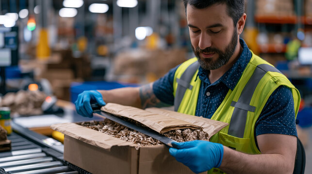 Packaging engineer sealing a corrugated paper mailer constructed from post-consumer recycled pulp at a sustainable fulfillment facility workstation, compostable void fill material visible inside, e-
